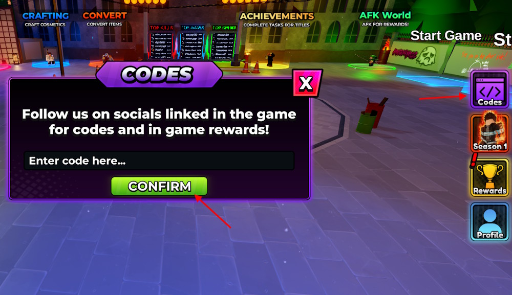 Anime Apocalypse codes redeem button screenshot